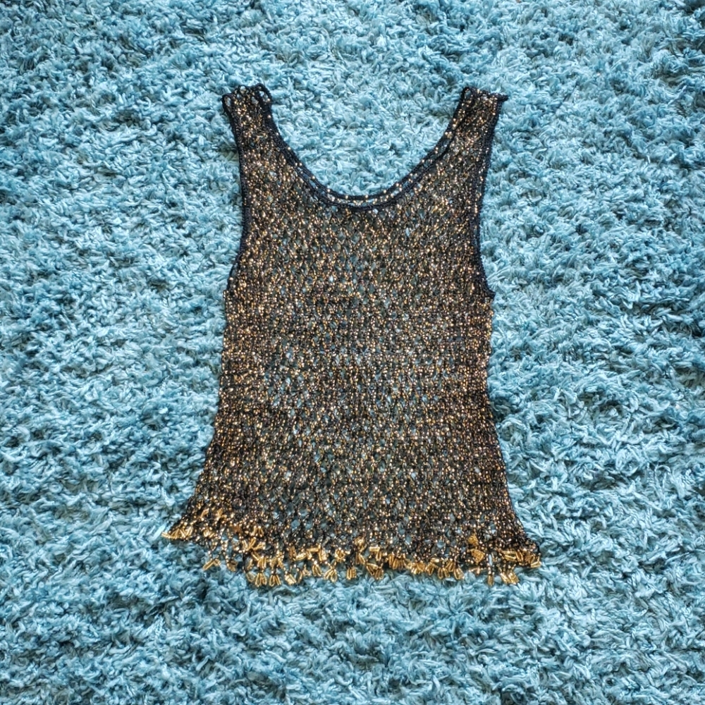 Black Yellow Beaded Swimsuit Cover Tank Top Sz S